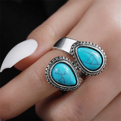 Blue Turquoise & Silver-Plated Drop Open Ring