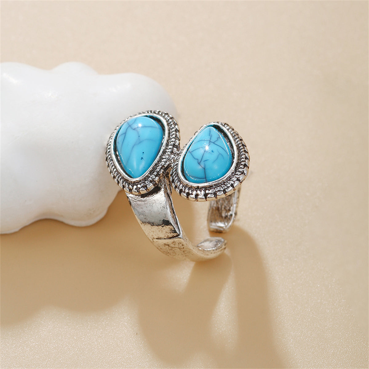 Blue Turquoise and Silver-Plated Drop Open Ring, silver statement rings for women, botanical inspired, side view