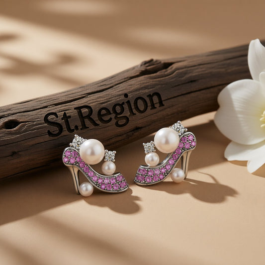 Pearl and Cubic Zirconia High-Heeled Shoe Stud Earrings, stud earrings for women, botanical inspired, front view