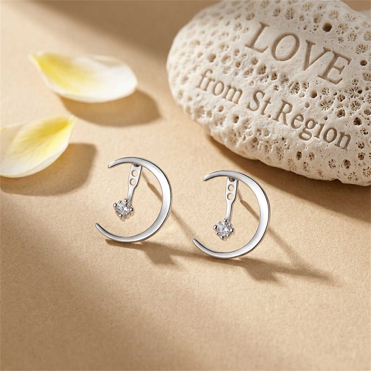 Cubic Zirconia and Silver-Plated Half Moon Drop Earrings, dainty minimalist design, lifestyle look