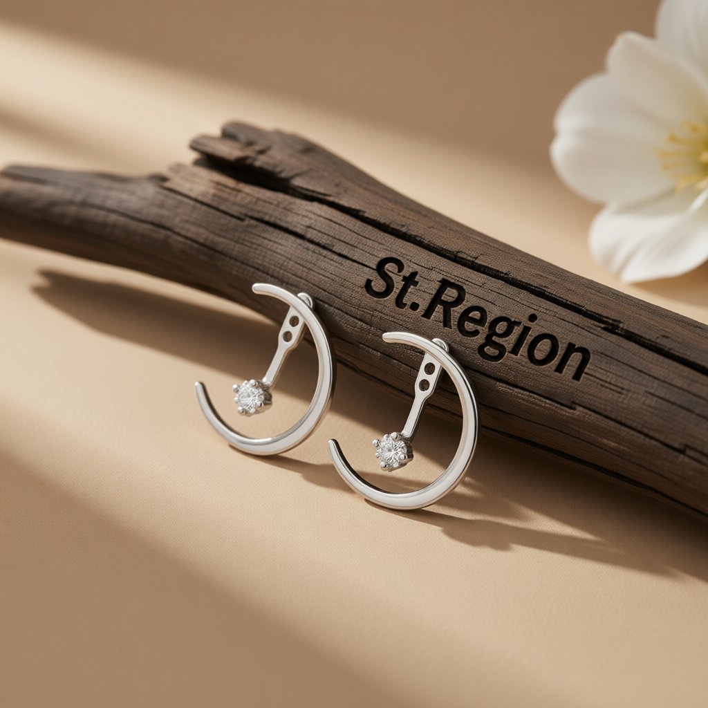 Cubic Zirconia and Silver-Plated Half Moon Drop Earrings, dainty minimalist design, front view