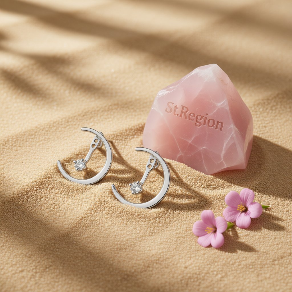 Cubic Zirconia and Silver-Plated Half Moon Drop Earrings, dainty minimalist design, detail close-up