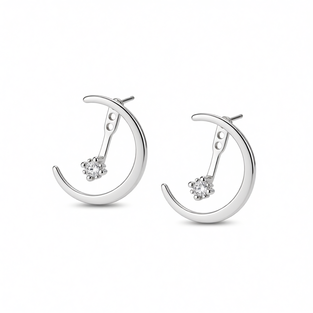 Cubic Zirconia and Silver-Plated Half Moon Drop Earrings, dainty minimalist design, side view