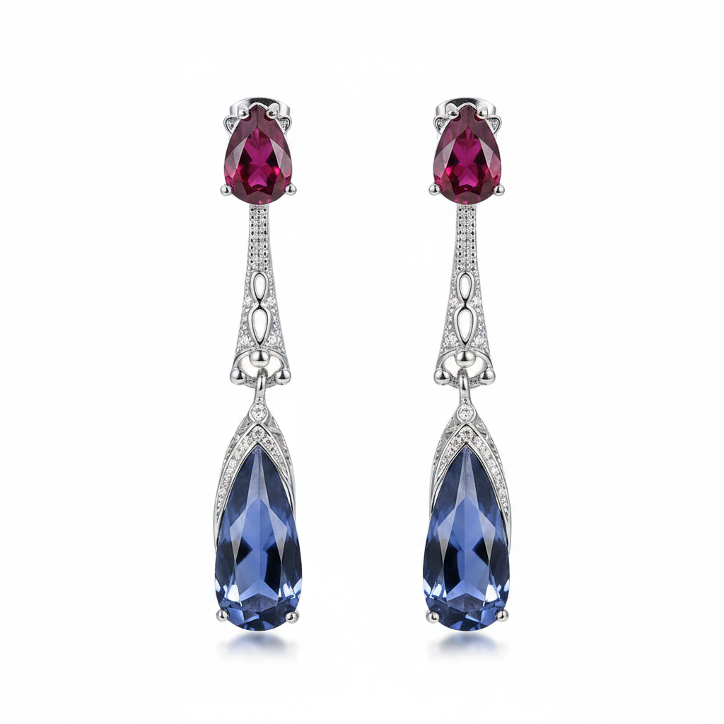 Red & Dark Blue Crystal Drop Earrings - Street Region