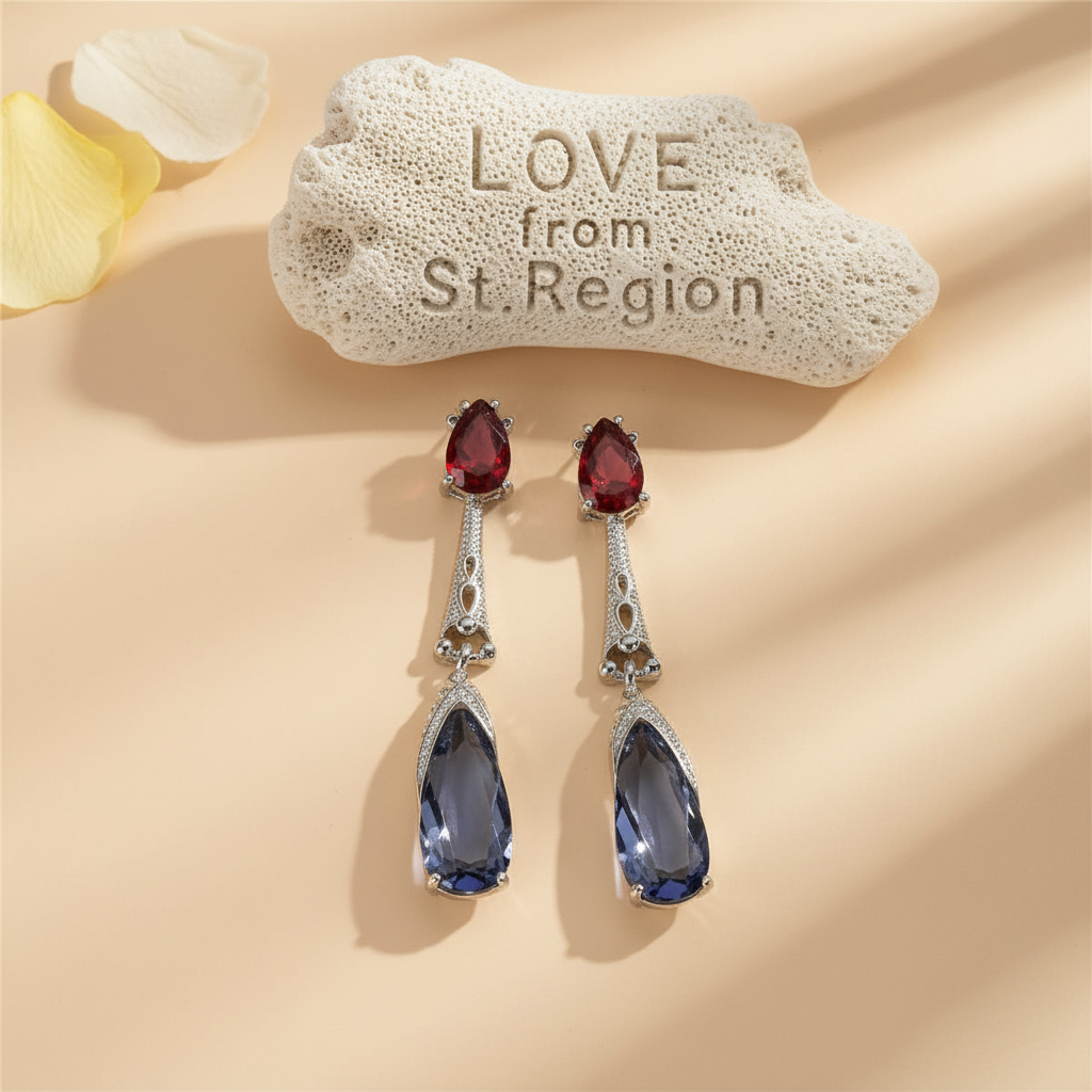 Red & Dark Blue Crystal Drop Earrings - Street Region