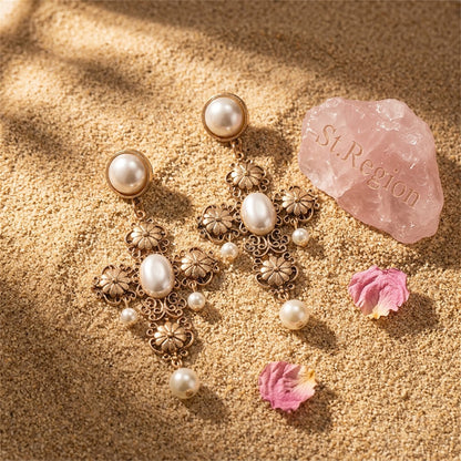 Pearl and 18K Gold-Plated Cross Drop Earrings, gold drop earrings for women, botanical inspired, detail close-up