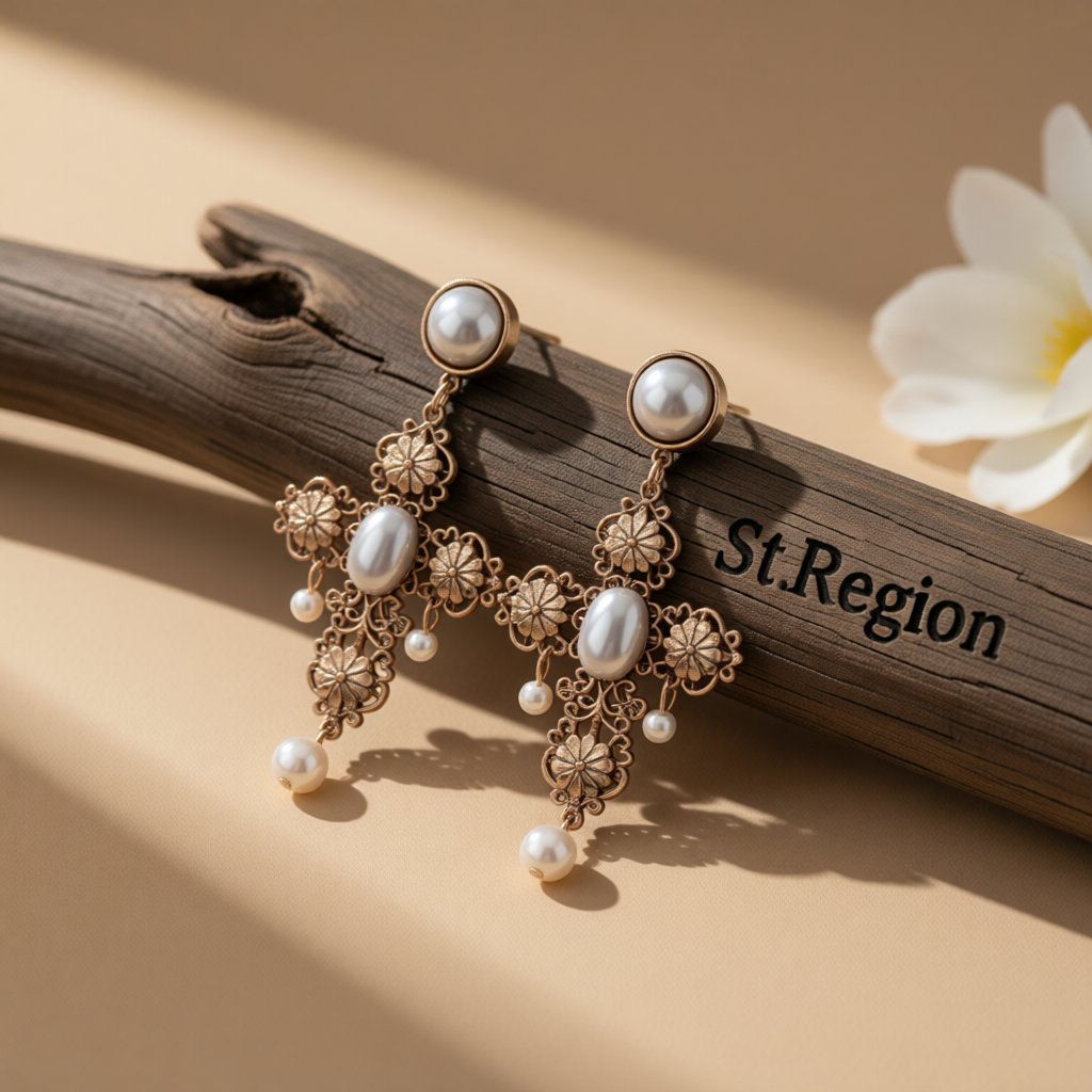 Pearl and 18K Gold-Plated Cross Drop Earrings, gold drop earrings for women, botanical inspired, front view