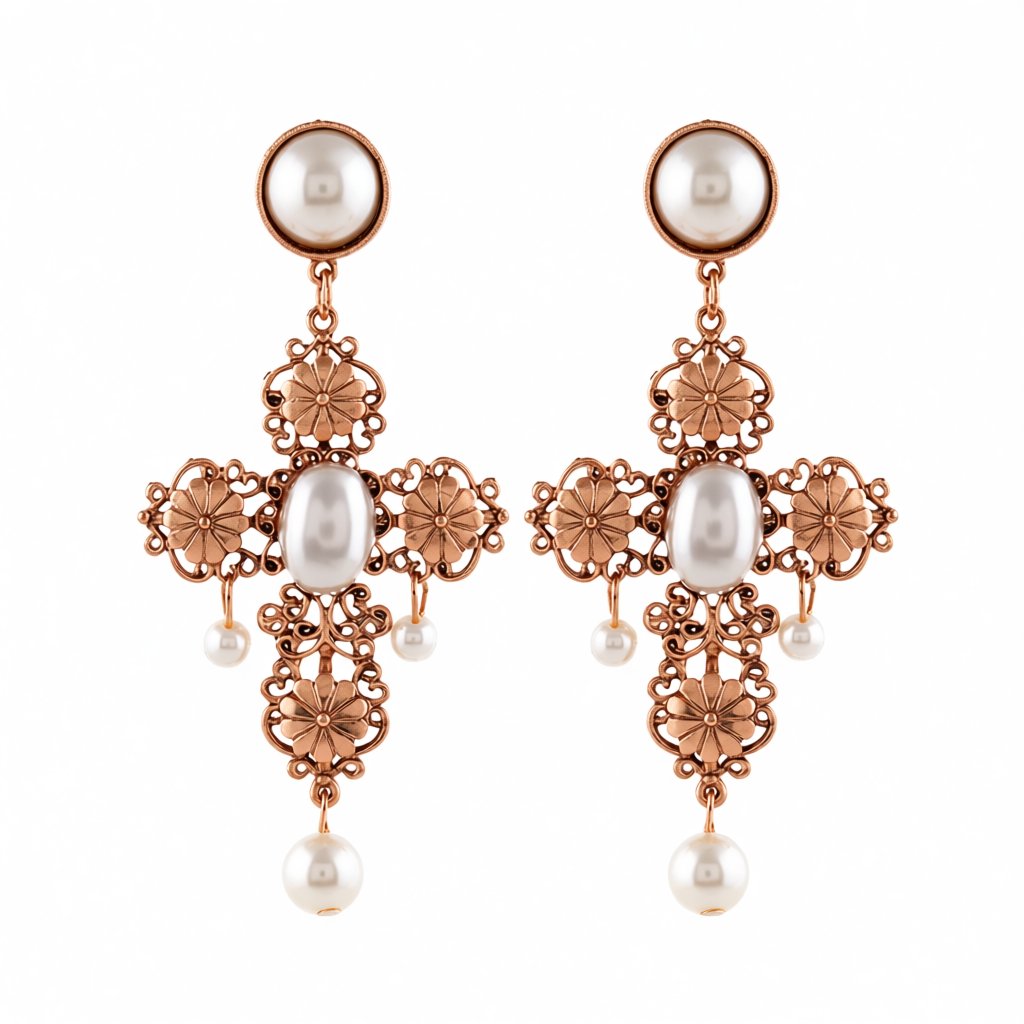 Pearl and 18K Gold-Plated Cross Drop Earrings, gold drop earrings for women, botanical inspired, side view