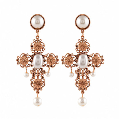 Pearl and 18K Gold-Plated Cross Drop Earrings, gold drop earrings for women, botanical inspired, side view