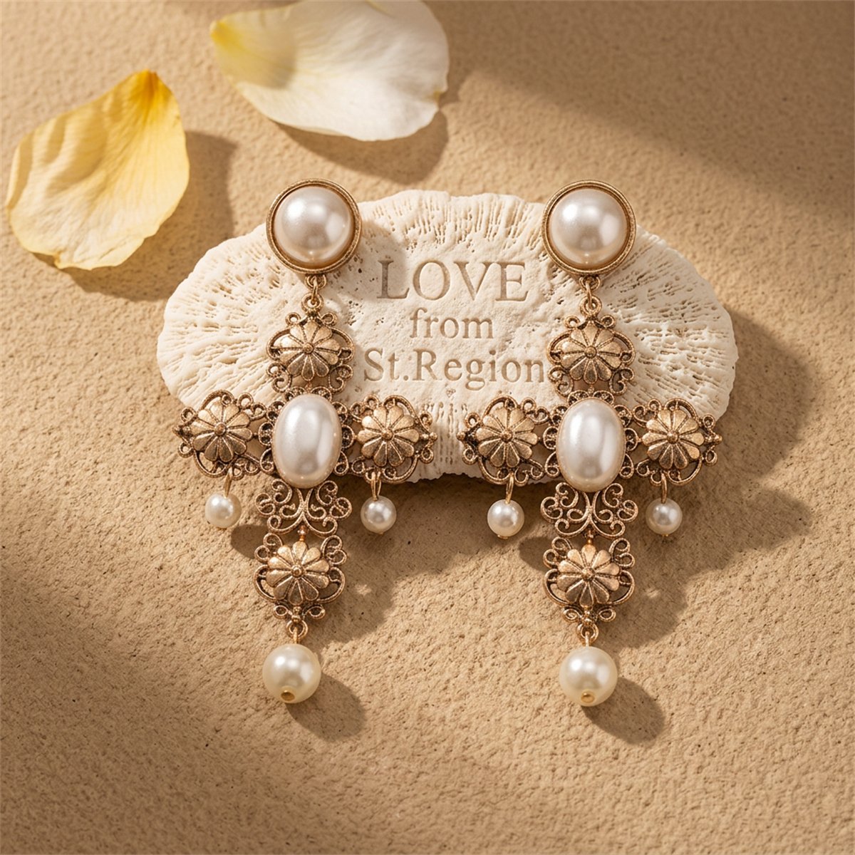 Pearl and 18K Gold-Plated Cross Drop Earrings, gold drop earrings for women, botanical inspired, lifestyle look