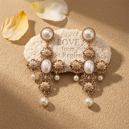 Pearl and 18K Gold-Plated Cross Drop Earrings, gold drop earrings for women, botanical inspired, lifestyle look