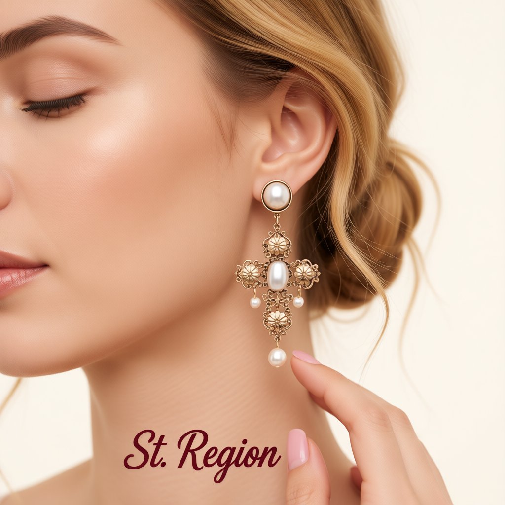 Pearl and 18K Gold-Plated Cross Drop Earrings, gold drop earrings for women, botanical inspired, styled look
