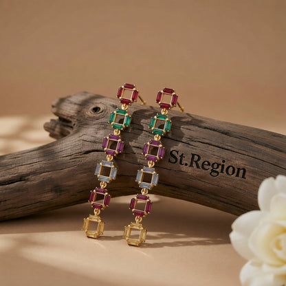Crystal and 18K Gold-Plated Multicolor Link Drop Earrings, gold drop earrings for women, everyday style, front view