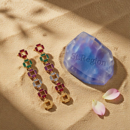 Crystal and 18K Gold-Plated Multicolor Link Drop Earrings, gold drop earrings for women, everyday style, detail close-up