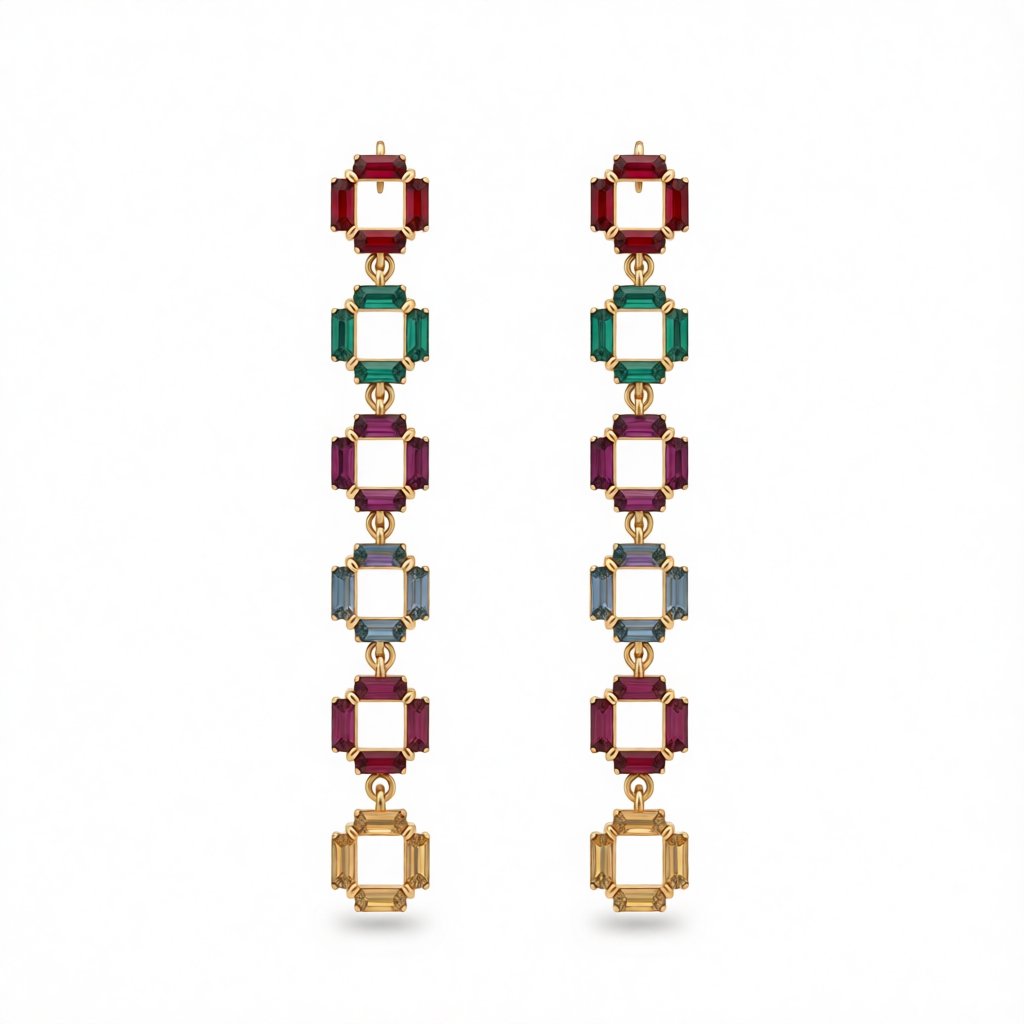 Crystal and 18K Gold-Plated Multicolor Link Drop Earrings, gold drop earrings for women, everyday style, side view