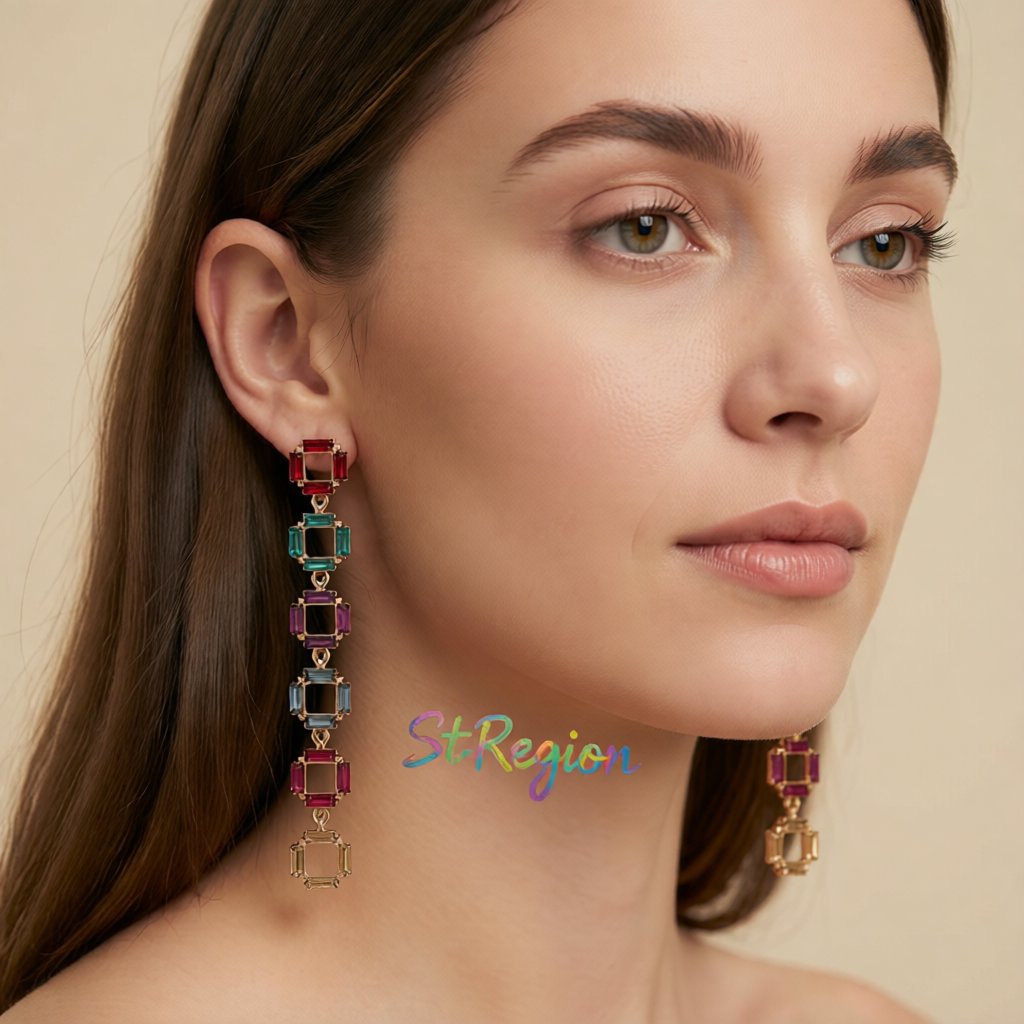 Crystal and 18K Gold-Plated Multicolor Link Drop Earrings, gold drop earrings for women, everyday style, styled look