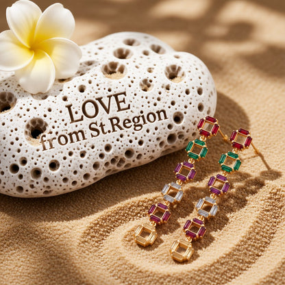 Crystal and 18K Gold-Plated Multicolor Link Drop Earrings, gold drop earrings for women, everyday style, lifestyle look
