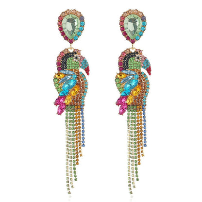 Blue Crystal and Cubic Zirconia Parrot Drop Earrings, drop earrings for women, botanical inspired, side view