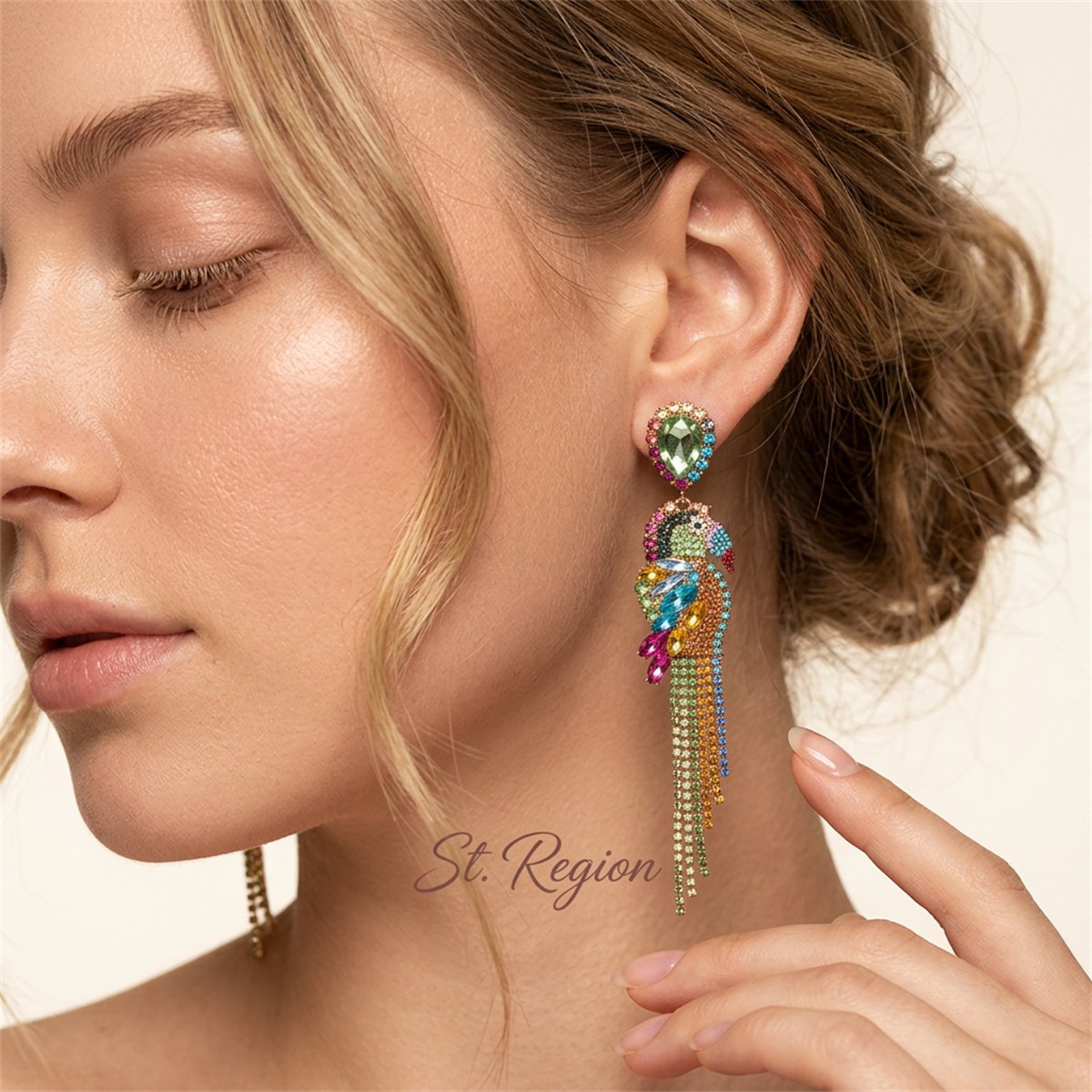 Blue Crystal and Cubic Zirconia Parrot Drop Earrings, drop earrings for women, botanical inspired, styled look