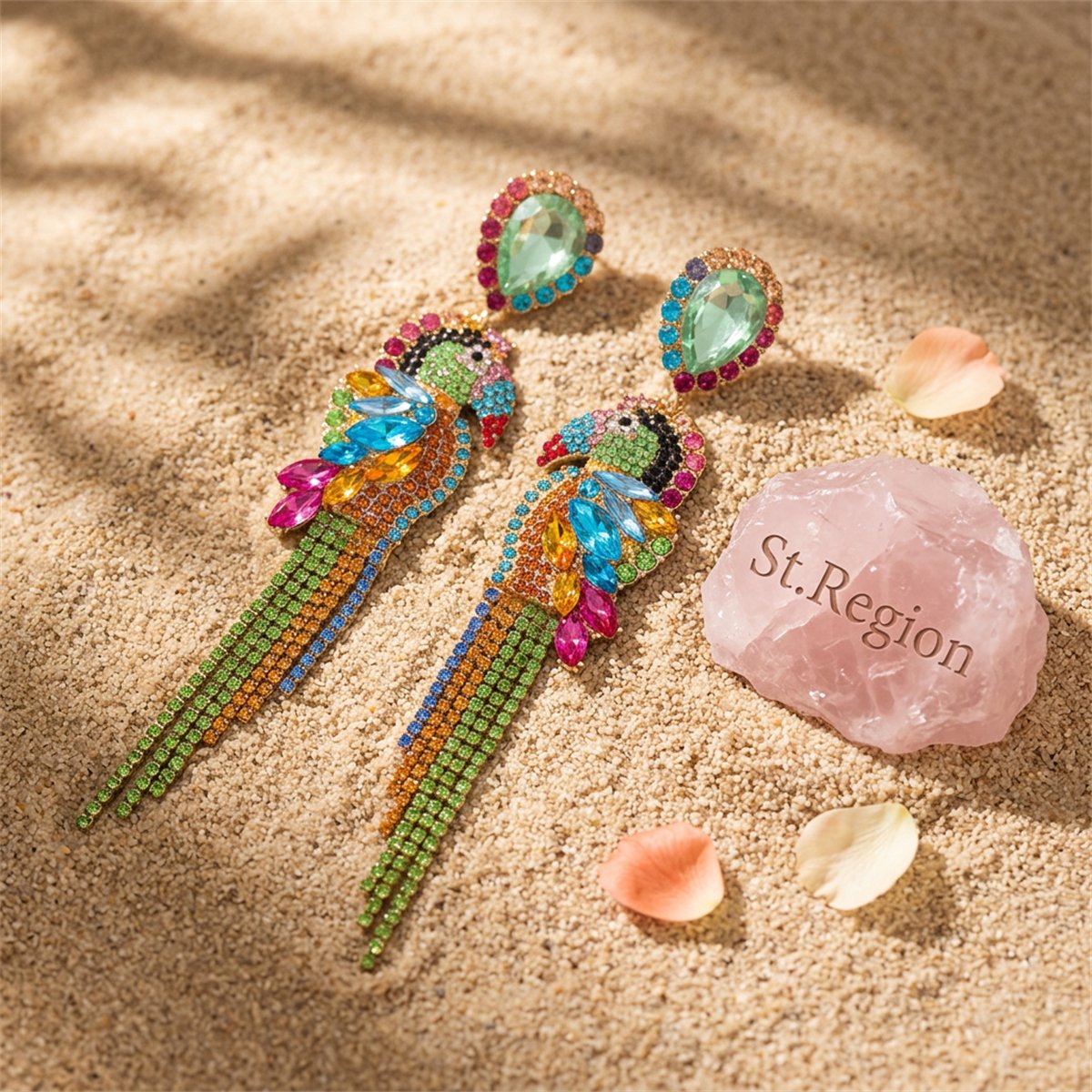 Blue Crystal and Cubic Zirconia Parrot Drop Earrings, drop earrings for women, botanical inspired, detail close-up