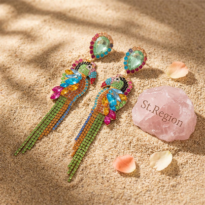 Blue Crystal and Cubic Zirconia Parrot Drop Earrings, drop earrings for women, botanical inspired, detail close-up