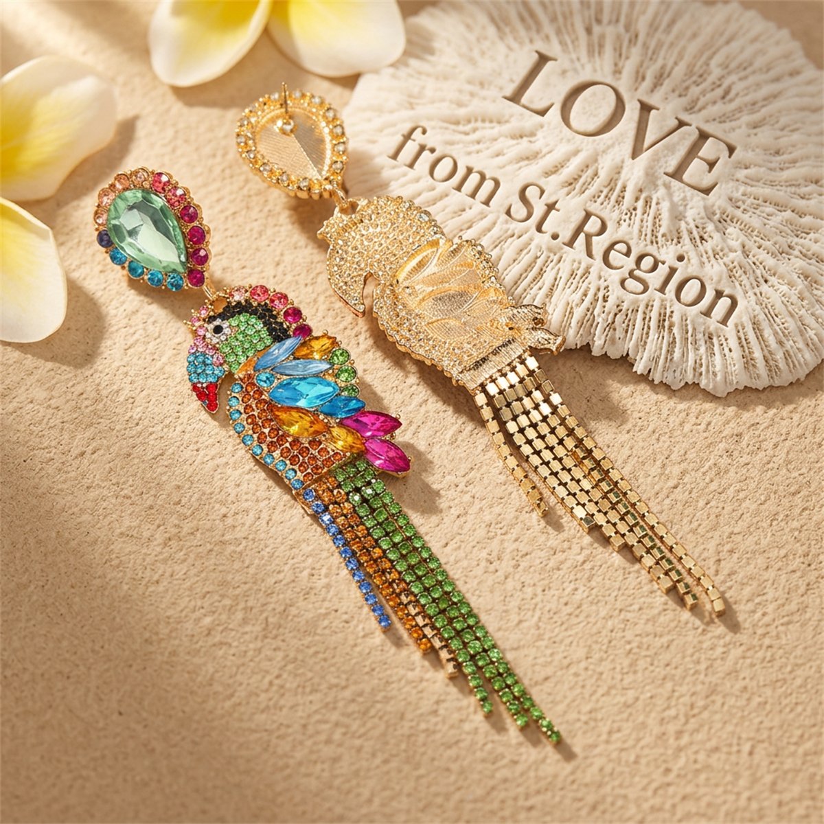Blue Crystal and Cubic Zirconia Parrot Drop Earrings, drop earrings for women, botanical inspired, lifestyle look