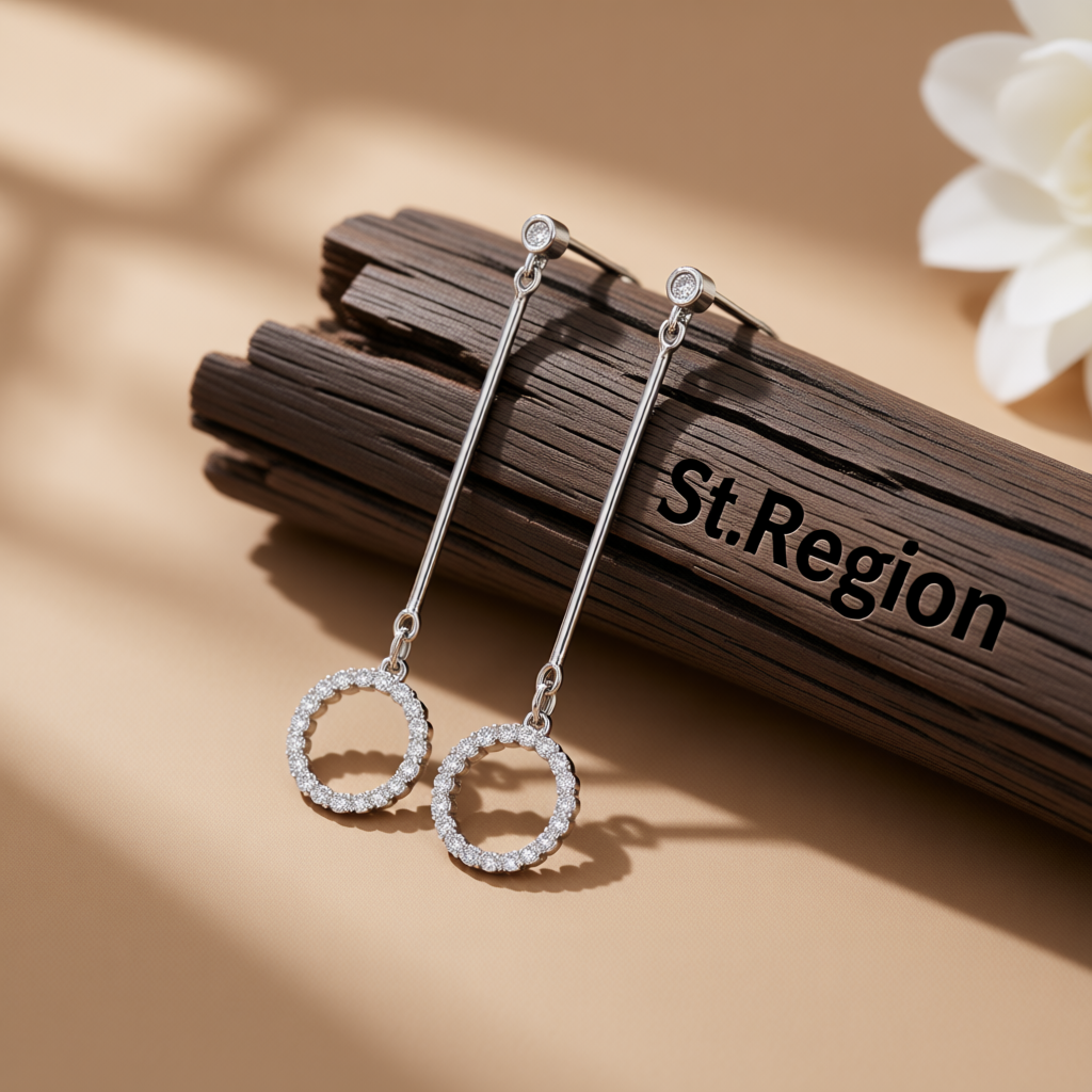 Cubic Zirconia and Silver-Plated Circle Drop Earrings, silver drop earrings for women, dainty minimalist design, front view