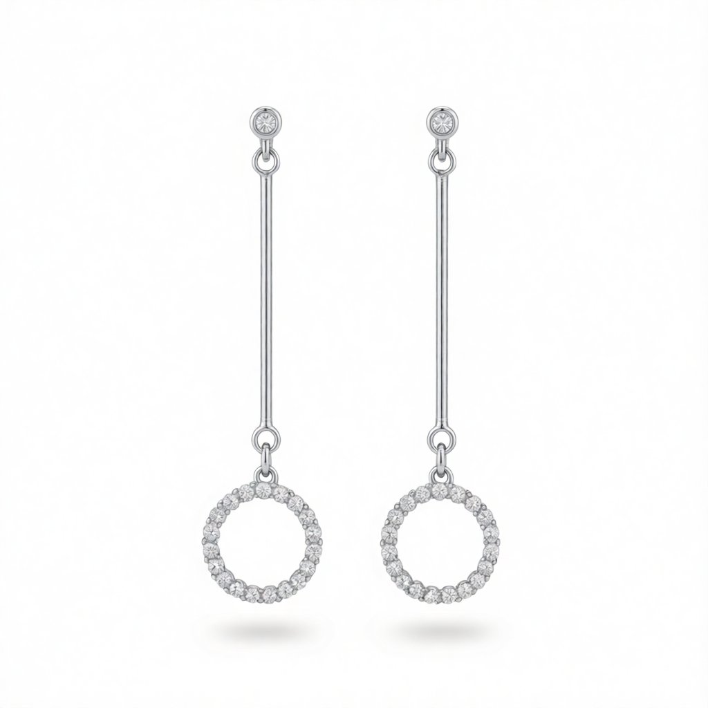 Cubic Zirconia and Silver-Plated Circle Drop Earrings, silver drop earrings for women, dainty minimalist design, side view