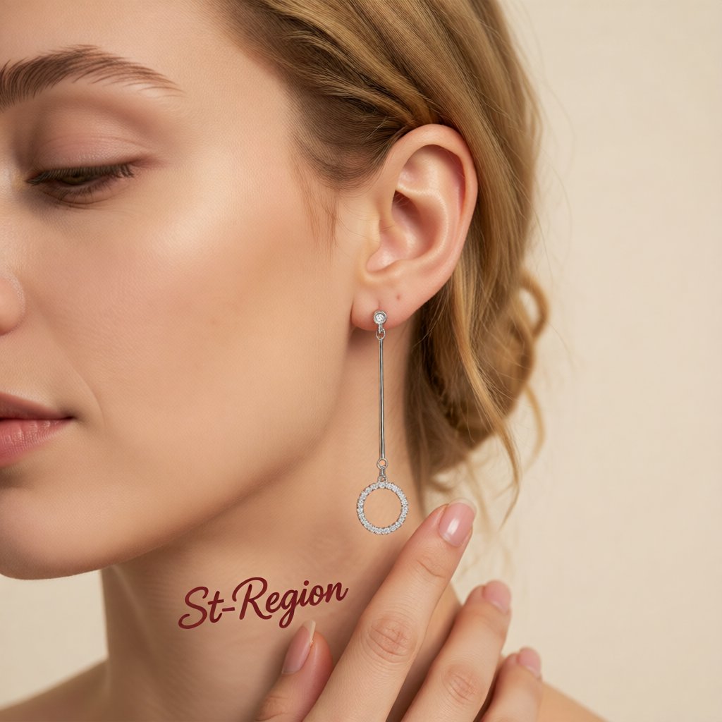 Cubic Zirconia and Silver-Plated Circle Drop Earrings, silver drop earrings for women, dainty minimalist design, styled look