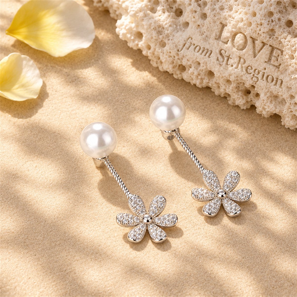 Cubic Zirconia and Pearl Silver-Plated Flower Drop Earrings, everyday style, lifestyle look