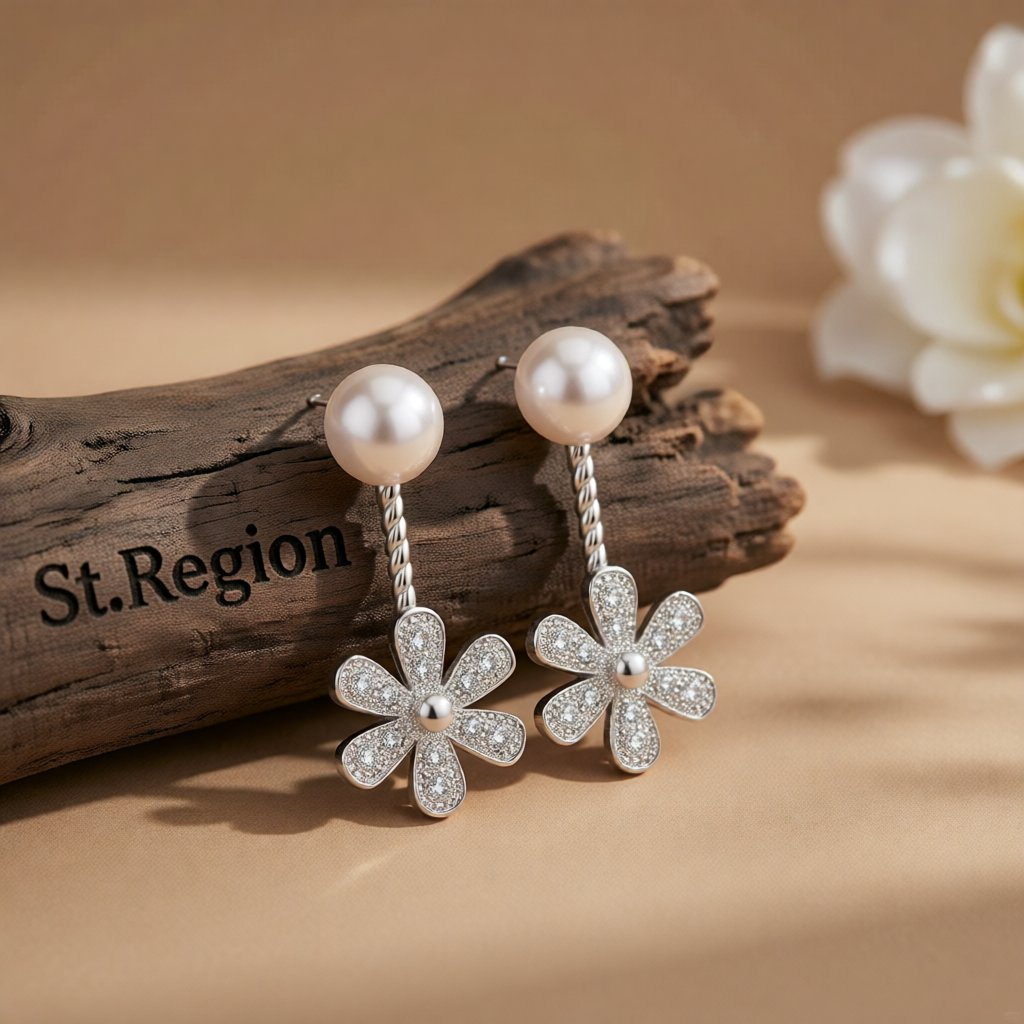Cubic Zirconia and Pearl Silver-Plated Flower Drop Earrings, everyday style, front view