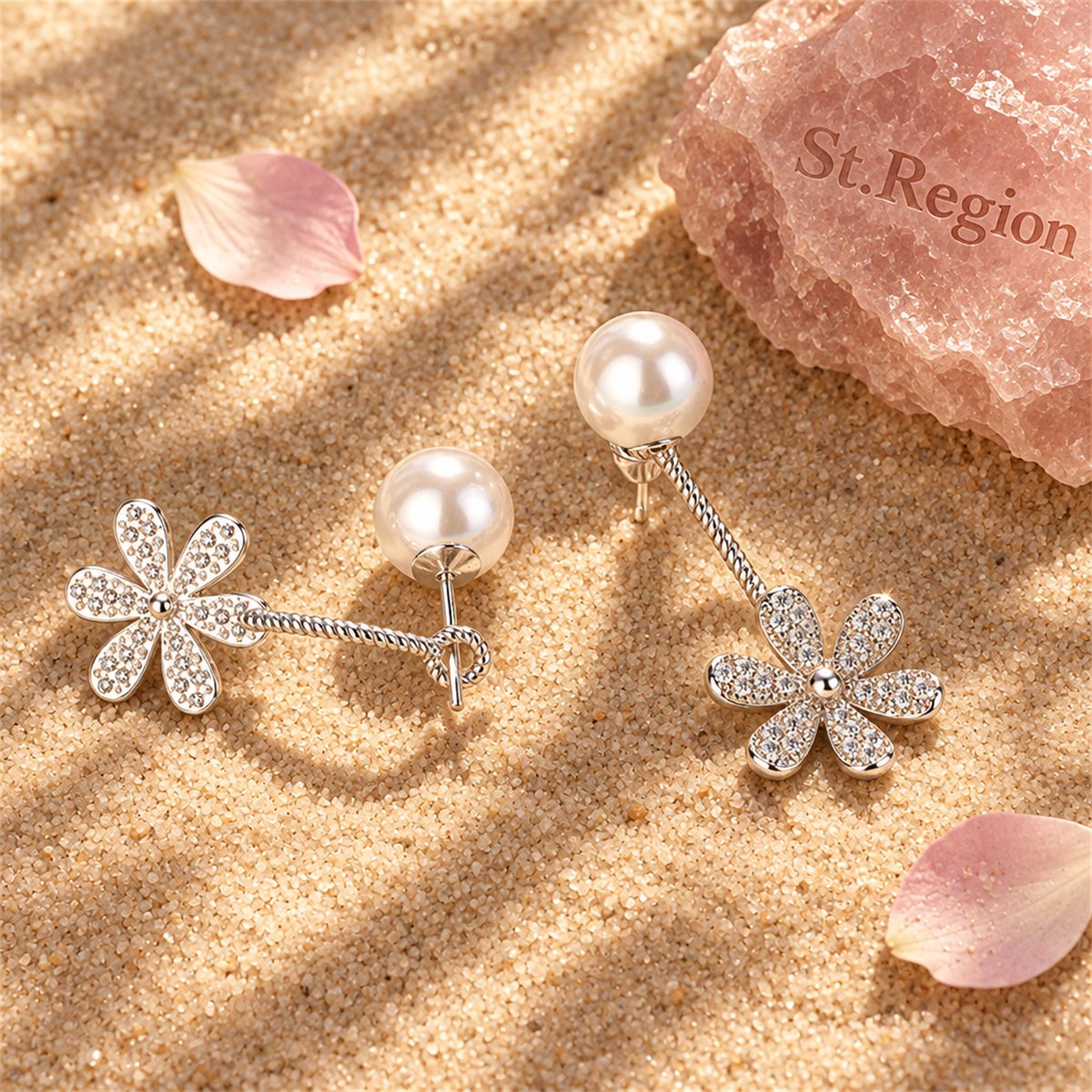 Cubic Zirconia and Pearl Silver-Plated Flower Drop Earrings, everyday style, detail close-up