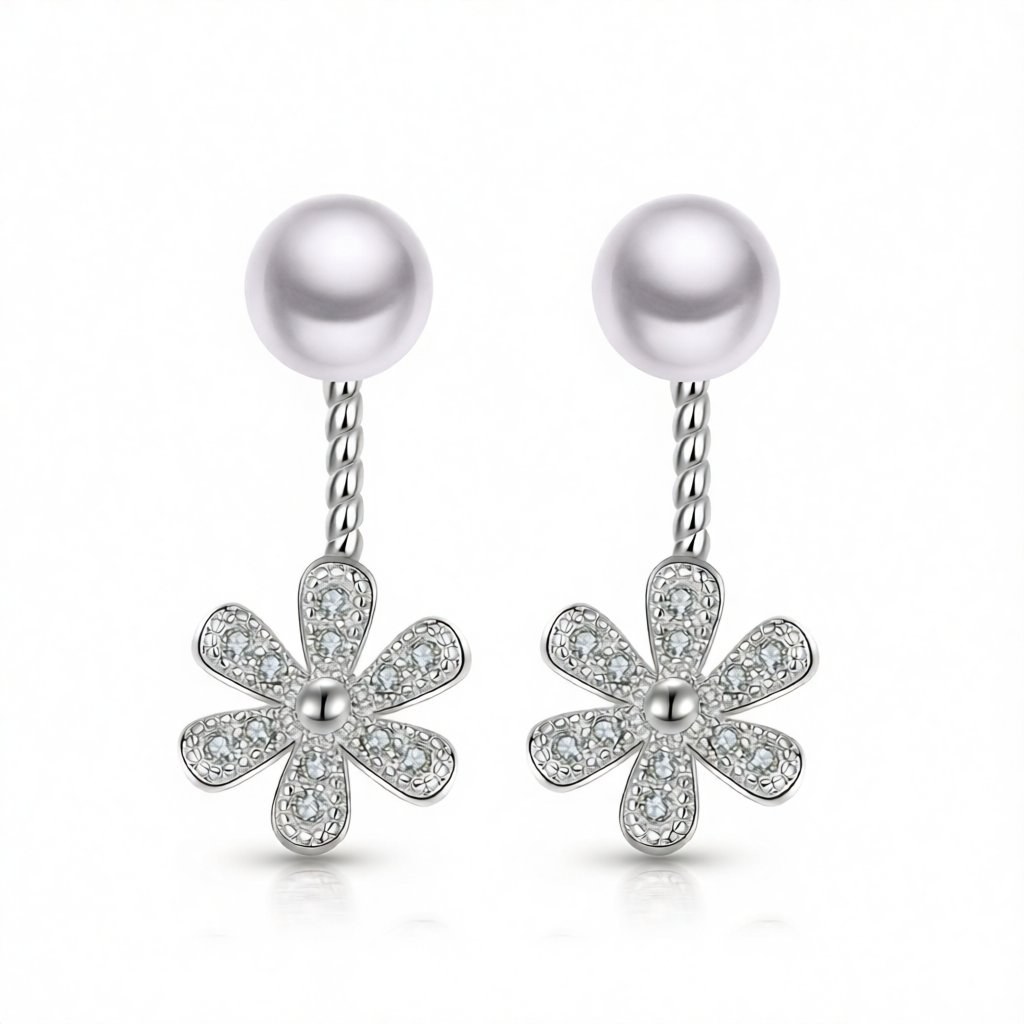 Cubic Zirconia and Pearl Silver-Plated Flower Drop Earrings, everyday style, side view