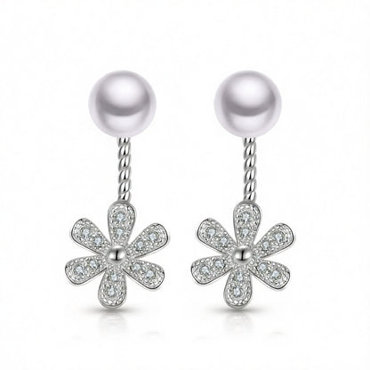 Cubic Zirconia and Pearl Silver-Plated Flower Drop Earrings, everyday style, side view