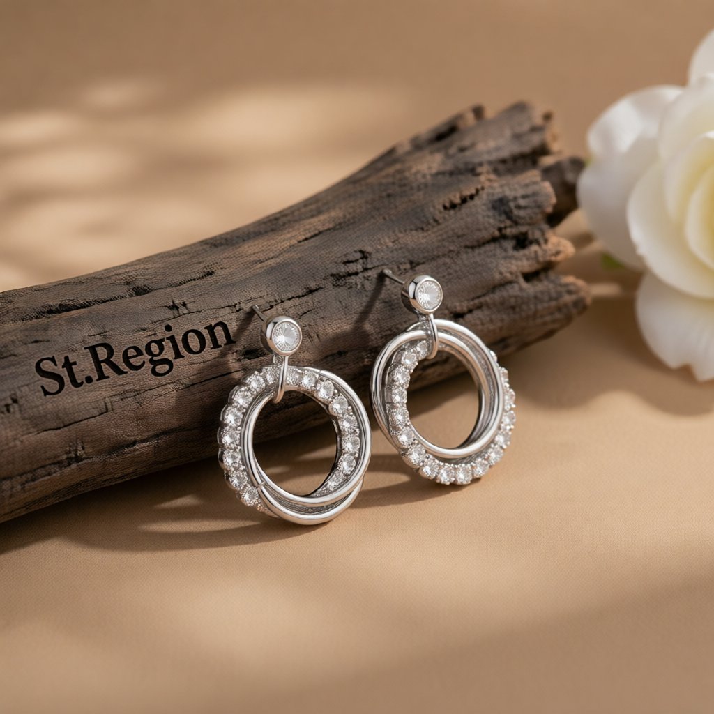 Cubic Zirconia and Silver-Plated Multi-Circle Stud Earrings, silver drop earrings for women, botanical inspired, front view