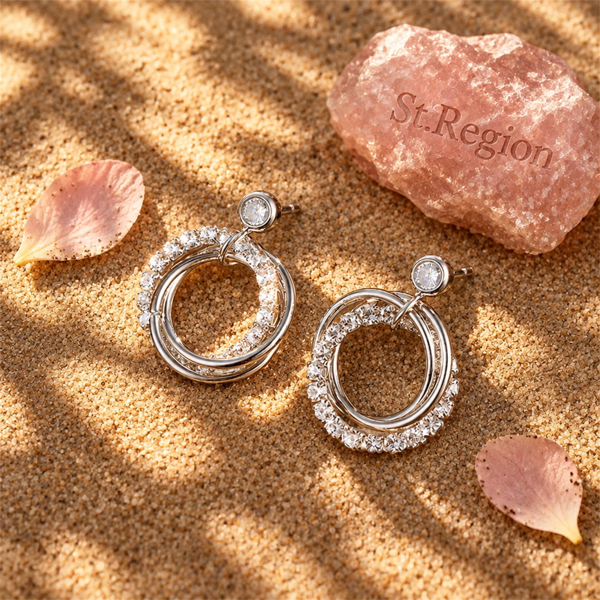Cubic Zirconia and Silver-Plated Multi-Circle Stud Earrings, silver drop earrings for women, detail close-up