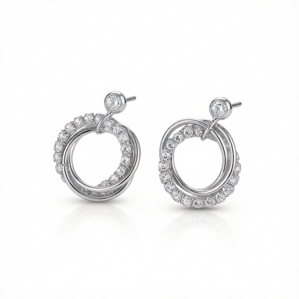 Cubic Zirconia and Silver-Plated Multi-Circle Stud Earrings, silver drop earrings for women, botanical inspired, side view