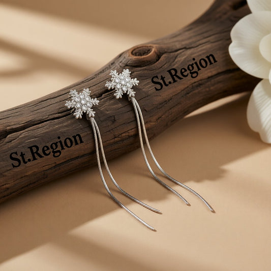 Cubic Zirconia and Silver-Plated Snowflake Tassel Drop Earrings, botanical inspired, front view