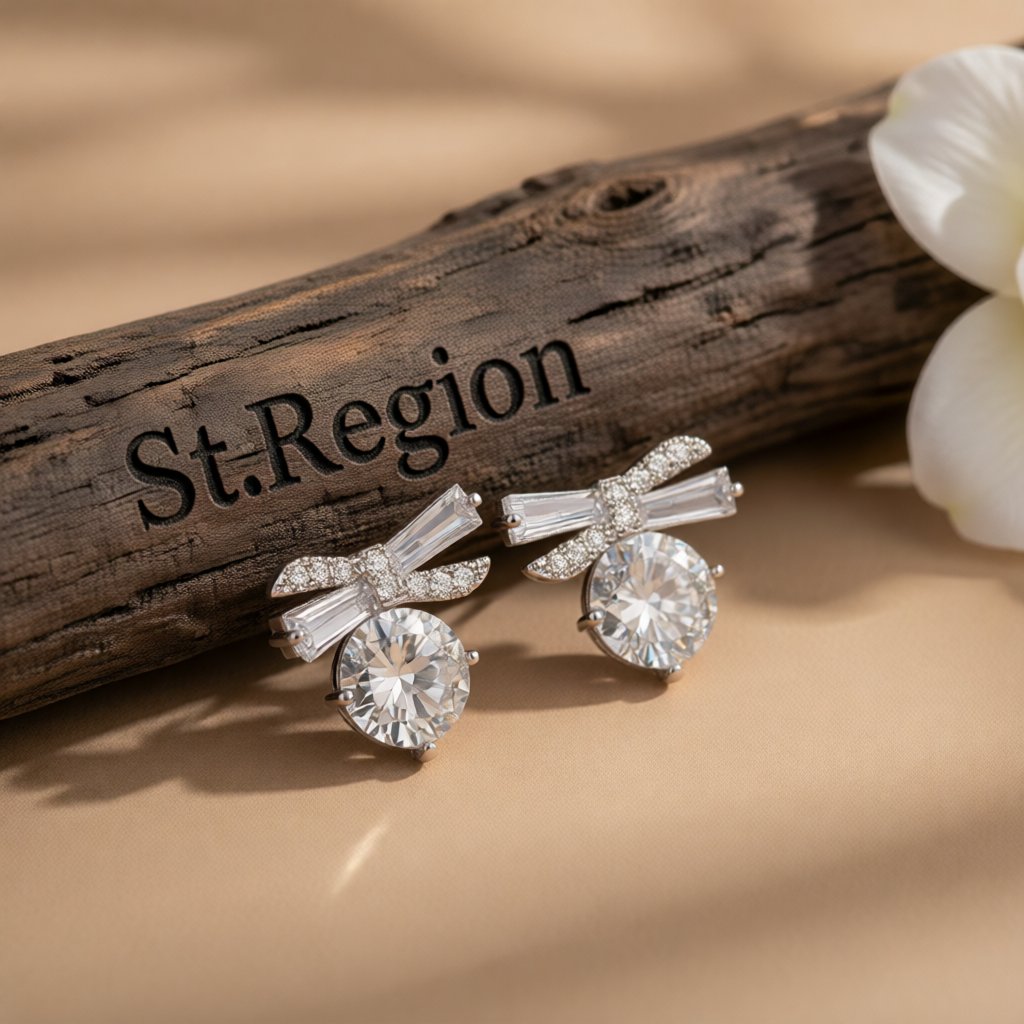 Crystal and Cubic Zirconia Silver-Plated Bow Earrings, silver stud earrings for women, dainty minimalist design, front view