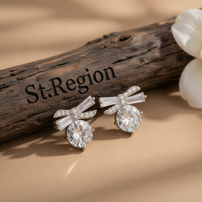 Crystal and Cubic Zirconia Silver-Plated Bow Earrings, silver stud earrings for women, dainty minimalist design, front view