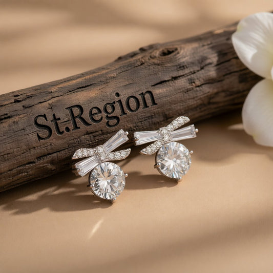 Crystal and Cubic Zirconia Silver-Plated Bow Earrings, silver stud earrings for women, dainty minimalist design, front view