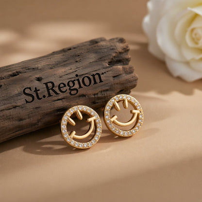 Cubic Zirconia and 18K Gold-Plated Smiley Face Stud Earrings, gold stud earrings for women, everyday style, front view