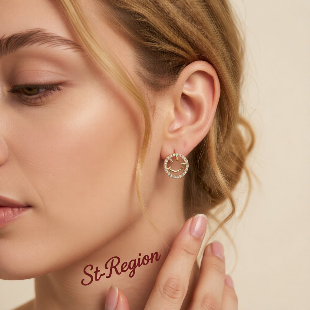 Cubic Zirconia and 18K Gold-Plated Smiley Face Stud Earrings, gold stud earrings for women, everyday style, styled look