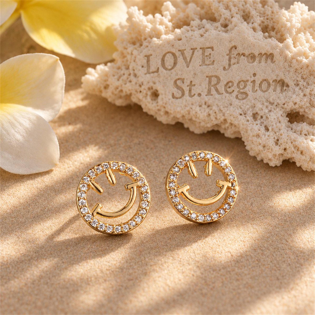 Cubic Zirconia and 18K Gold-Plated Smiley Face Stud Earrings, gold stud earrings for women, everyday style, lifestyle look