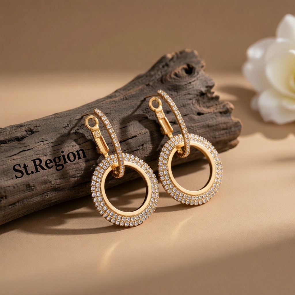 Cubic Zirconia and 18K Gold-Plated Interlock Circle Drop Earrings, gold huggie earrings, botanical inspired, front view