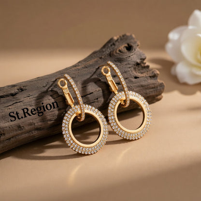 Cubic Zirconia and 18K Gold-Plated Interlock Circle Drop Earrings, gold huggie earrings, botanical inspired, front view