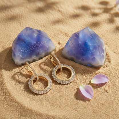 Cubic Zirconia and 18K Gold-Plated Interlock Circle Drop Earrings, gold huggie earrings, botanical inspired, detail close-up