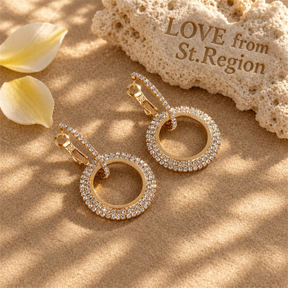 Cubic Zirconia and 18K Gold-Plated Interlock Circle Drop Earrings, gold huggie earrings, botanical inspired, lifestyle look
