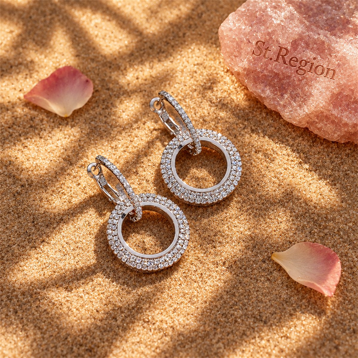 Cubic Zirconia and Silver-Plated Interlock Circle Drop Earrings, silver huggie earrings, botanical inspired, detail close-up