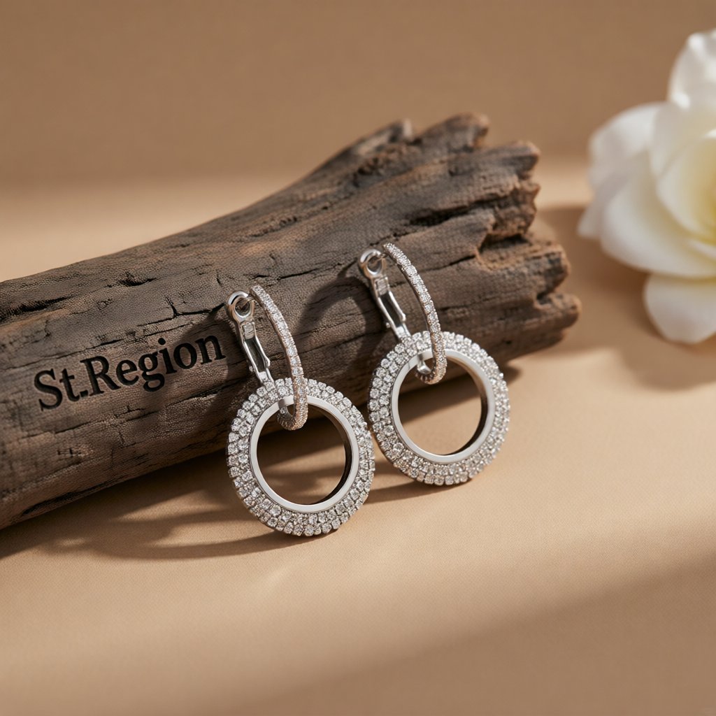 Cubic Zirconia and Silver-Plated Interlock Circle Drop Earrings, silver huggie earrings, botanical inspired, front view
